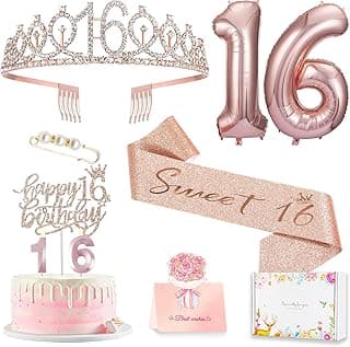 Sweet 16 Birthday Party Decorations for Girls, Sweet 16 Sash and Tiara, Cake Toppers, Number Candles and Balloons, 16th Birthday Gifts for Girls