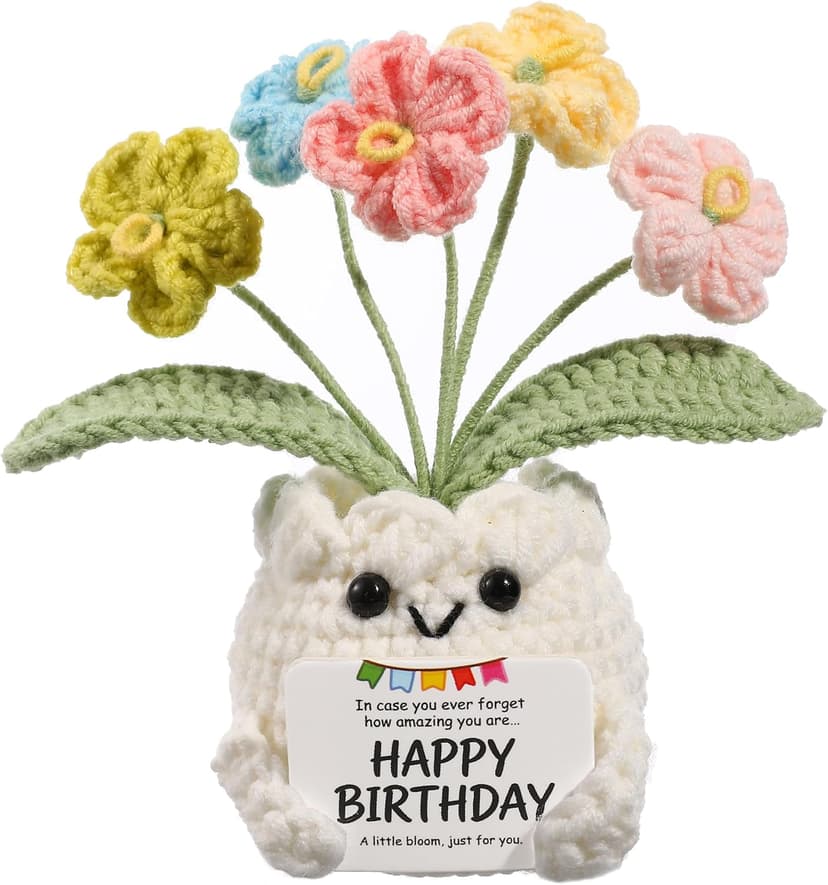 Happy Birthday Message Card, Cute Colorful Handmade Keepsake, Gift for Her, Mom, Best Friend, Sister, Coworker, 4.7 × 2.4 In Crochet Forget Me Not Flower Pot Birthday Gifts for Women B0GXV6J1ZG