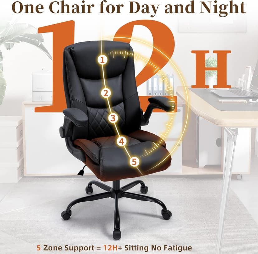 Office Chair, Executive Leather Office Chair with Lumbar Support & Flip-up Armrests, Ergonomic Adjustable High Back Swivel Chair with Rocking Function (Black)