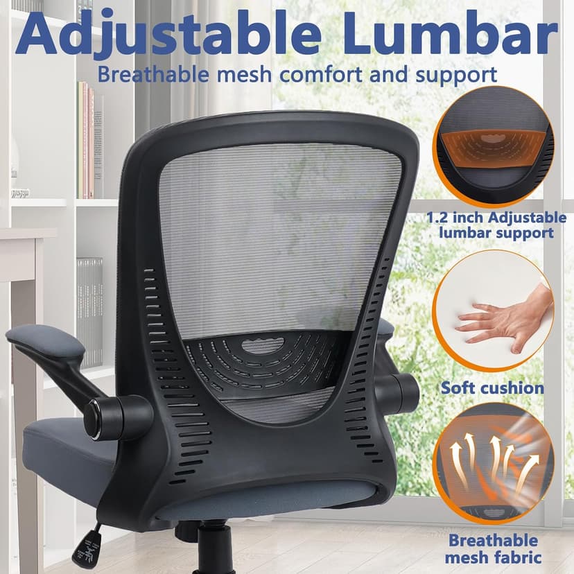 CLATINA Desk Chairs with Wheels, Flip Up Arms Ergonomic Mesh Back Office Chair with Lumbar Support, Adjustable Height Swivel Rolling Computer Task Chairs for School Conference Room Home Study, Grey