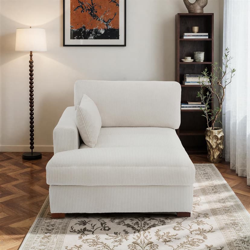 Oversized Chaise Lounge Chair Indoor with Left Armrest, Comfy Upholstered Sofa Bed Recliner Chair for Living Room, Corduroy Reading Seat Cloud Couch w/Solid Wood Frame - Sea Salt Grey