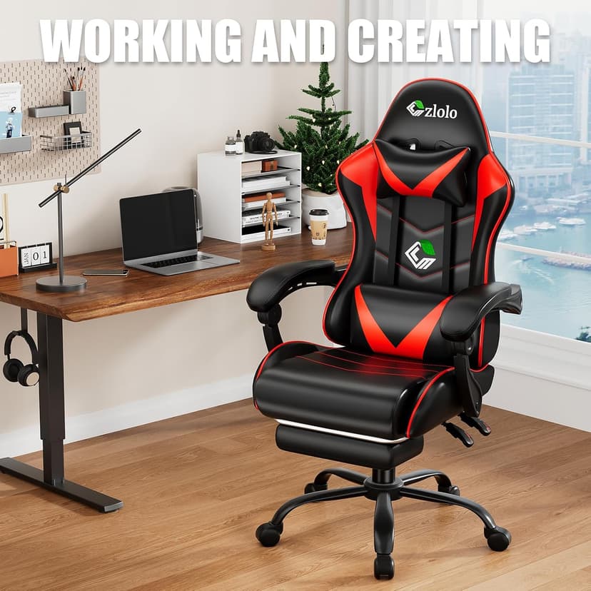 Czlolo Gaming Chair with Footrest Racing Style Lumbar Support Massager Video Game Chair with Metal Legs, High Back Reclining Gamer Chair with Headrest, 360° Swivel Office Computer Desk Chair (Red)