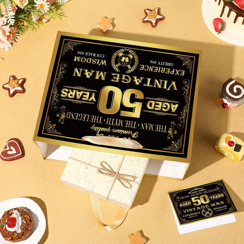 Vintage 50th Birthday Gift Bag for Men with 50th Wrapping Paper and Card Black Gold 1976 Birthday Gift Wrap Treat Bags for Vintage Men Aged 50 Years Old Bday Anniversary Party Supplies Decorations