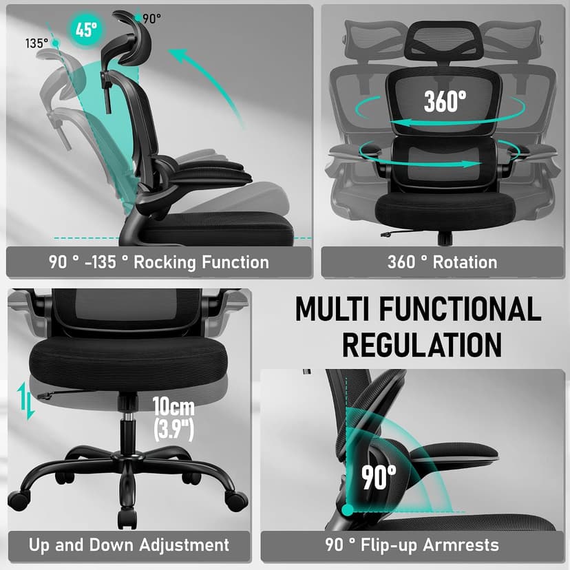 BESTFAIR High Back Ergonomic Office Chair, Breathable Mesh Desk Chair with Lumbar Support, Adjustable Headrest, Flip-up Armrests, Computer Gaming Chair, (Black)