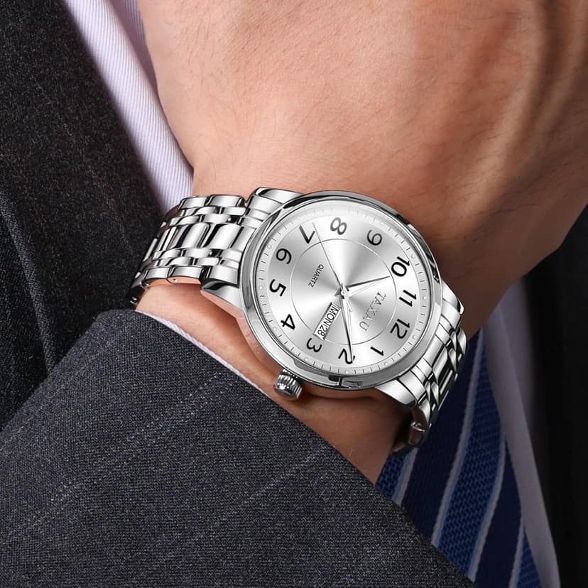 Taxau Watches for Men Stainless Steel Waterproof Two Tone Luxury Casual Silver Wrist Watch Quartz Analog Business Big Face Classic Dress Mens Watches with Day Date