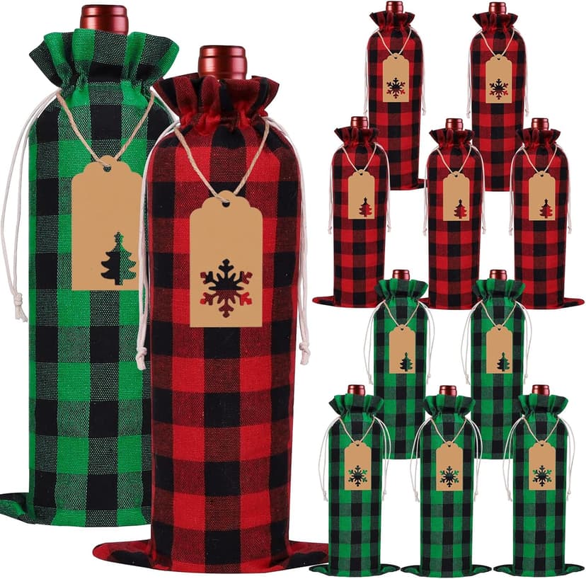 DULEFUN 12pcs Christmas Wine Burlap Bags, Xmas Wine's Bags Classic Buffalo Plaid Wine Bottle Bags Reusable Burlap Xmas wine Bottle Covers Clothes for Christmas New Year Wedding Holiday Parties
