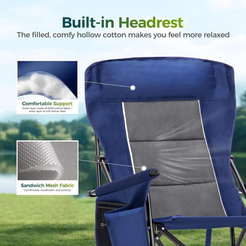 ALPHA CAMP Oversized Folding Camping Chairs High Backrest Heavy Duty Lawn Chairs for Adults Support 500 LBS Portable Camp Chairs with Cup Holders Large Side Pocket for Outdoor