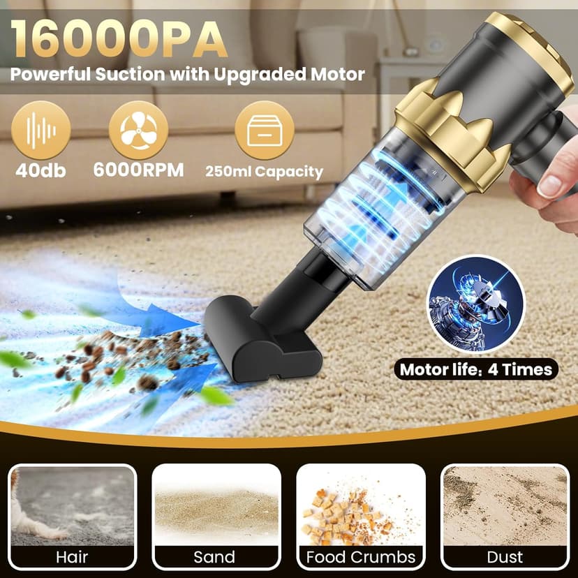 Car Vacuum Portable Cordless - Handheld Vacuum Cleaner with 16000PA Strong Suction, 7-in-1 Air Duster/Blower, Rechargeable Mini Vacuum with Long Battery, Multi-Nozzles for Car,Home, Office, Pet