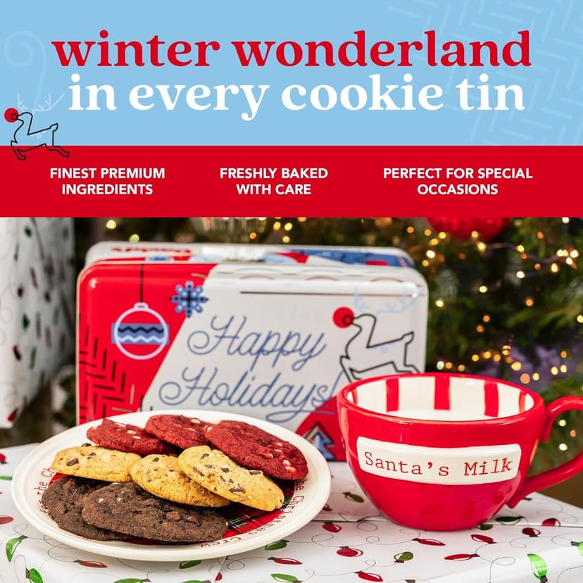 David's Cookies Christmas Cookies Gift Box - Fresh Baked Assorted Mini Cookies in Winterwonderland Tin with Chocolate Chip, White Chocolate Chip & Red Velvet - Gourmet Holiday Food Gift Basket