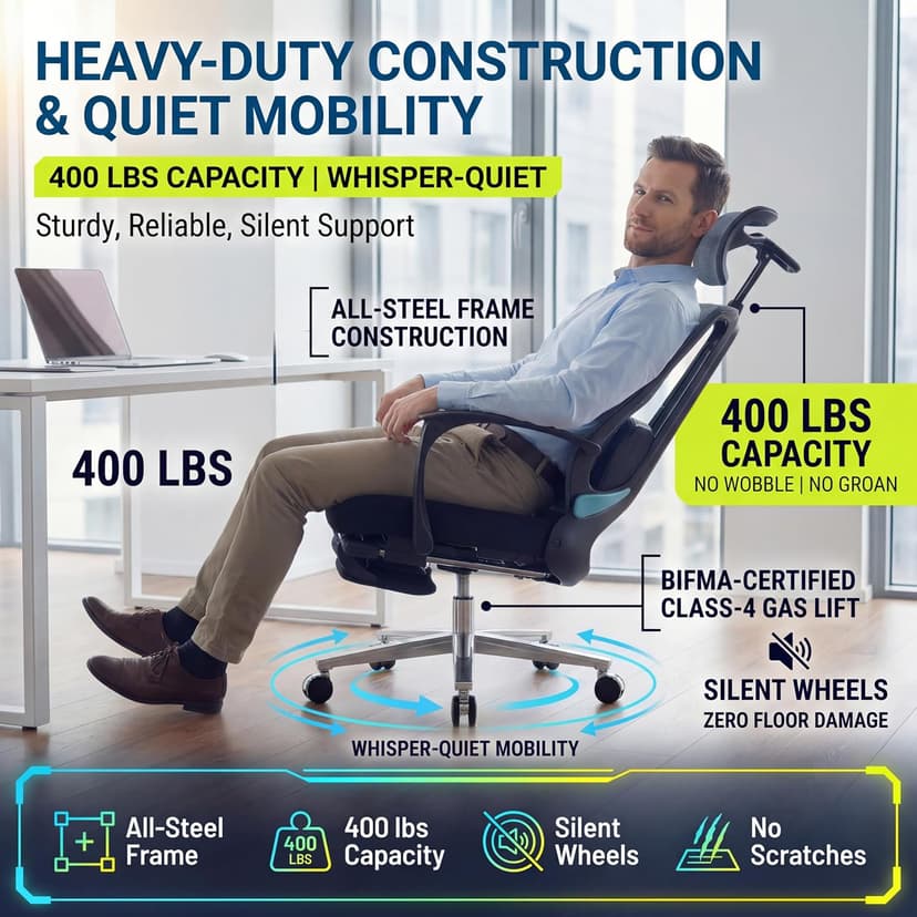 Ergonomic Office Chair with Footrest & Adjustable Lumbar Massager, High Back,Big and Tall,Desk Chair with 5D Headrest, Reclining Swivel Rolling Mesh Chair for Home Office, 400LBS (Black)