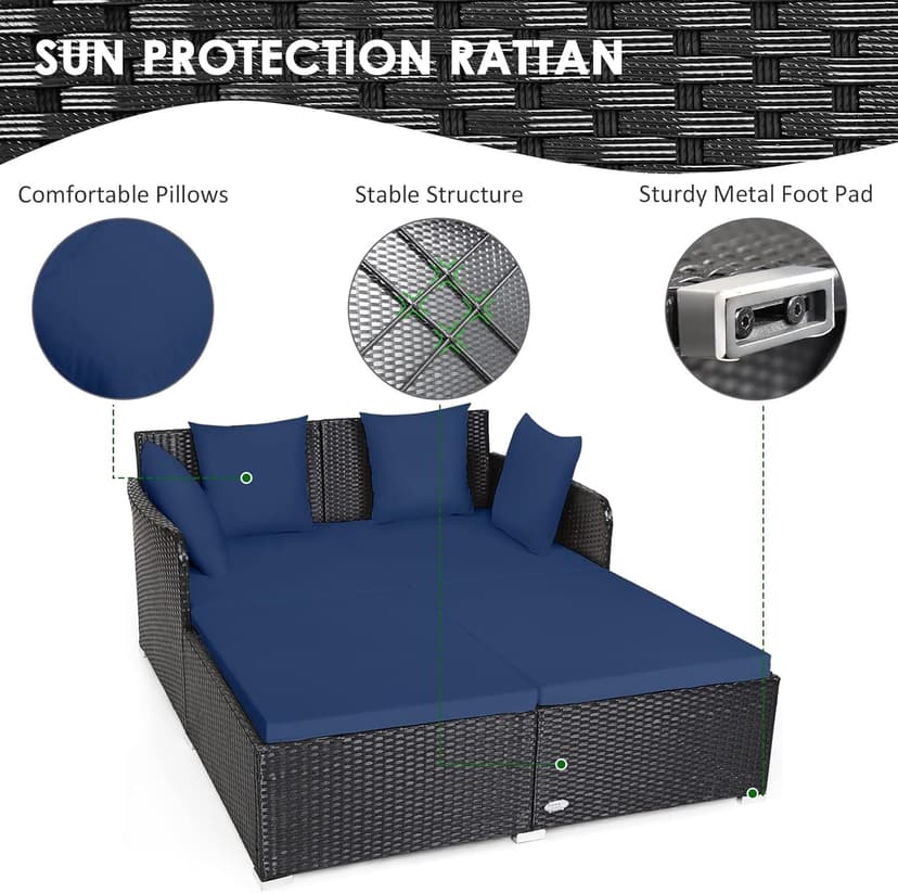 Tangkula Outdoor Rattan Daybed, Sunbed Wicker Furniture w/Spacious Seat, Upholstered Cushion & High-Resilience Sponge, Wicker Patio Sofa Set w/Extra Pillows for Courtyard Poolside (Navy)