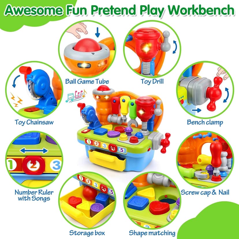 Montessori Toys with Sound Lights Effect, Shape Sorter, Christmas Birthday Gift for Boy Girl,Engineer Pretend Play Workbench Toys for 1 Year Old Boy, Musical Toy Tool Bench, 1 2 3 Years old Boy Gifts B08345YDXJ