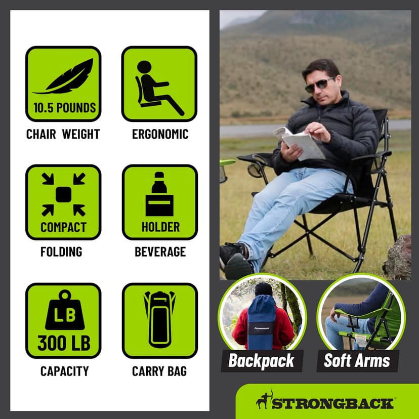 STRONGBACK Camping Chair Guru Heavy Duty Camping Chairs with Lumbar Support - Backpack Folding Camp Chair - Lime Green