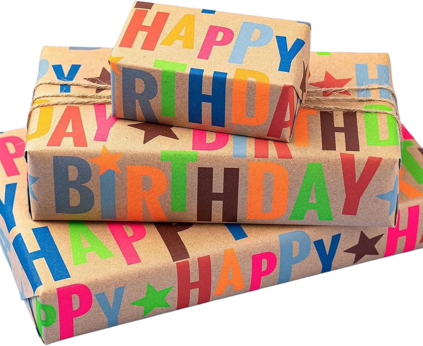 17 inch X 33 feet, Gridlines Design, Recycled, Holiday BIOBROWN Kraft Birthday Wrapping Paper Colorful Text Happy Birthday Design B0BLSML9G3