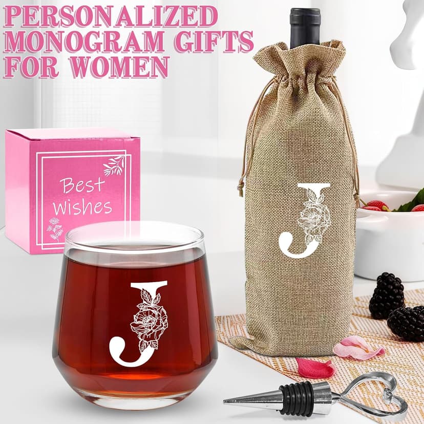 Personalized Gifts for Women,Monogrammed A-Z Wine Glasses Gifts for Women,Wine Glass for Gift Box,Birthday Gifts for Mom Sister Grandma-J