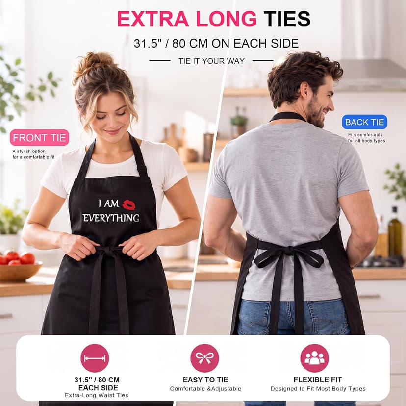 YIKA® Apron Couples, Christmas Gifts for Couples: Waterproof Aprons for Women Men, with Adjustable Neck Strap with Extra Long Ties, 2 Pockets (Black)