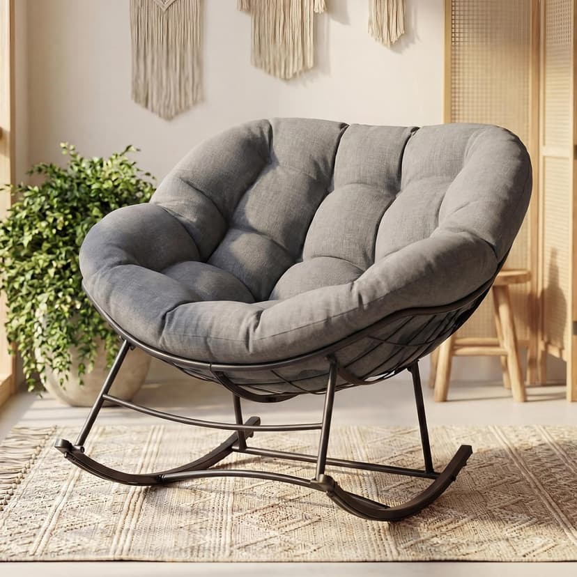 OLIXIS Outdoor Rocking Chair with 5.5" Thick Cushion, Oversized Egg Lounge Chair with Water-Repellent & UV-Resistant Fabric, 450 Lbs Heavy Duty for Patio, Living Room, Garden, Bedroom, Gray
