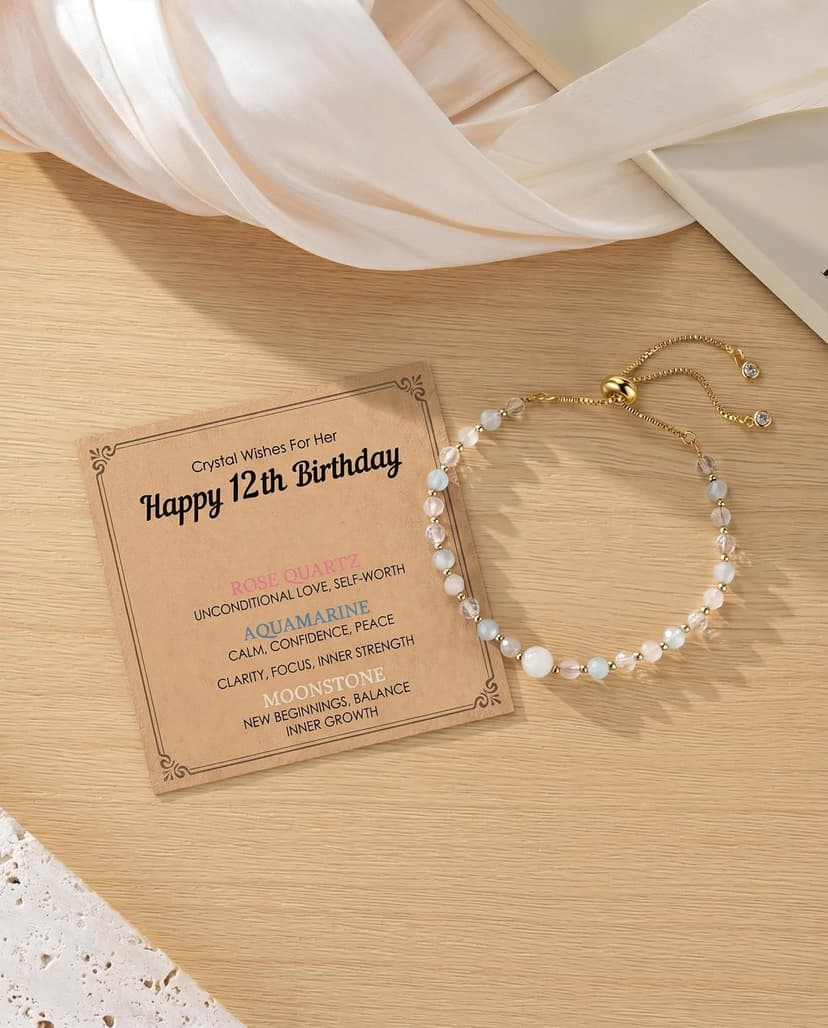 Moonstone Rose Quartz Aquamarine & Clear Quartz, Adjustable Bolo Chain, Birthday Blessing Card & Pouch for Teens Tweens HGDEER Her Milestone Birthday, Crystal Wishes Bracelet Gifts for Girls B0GR99N15M