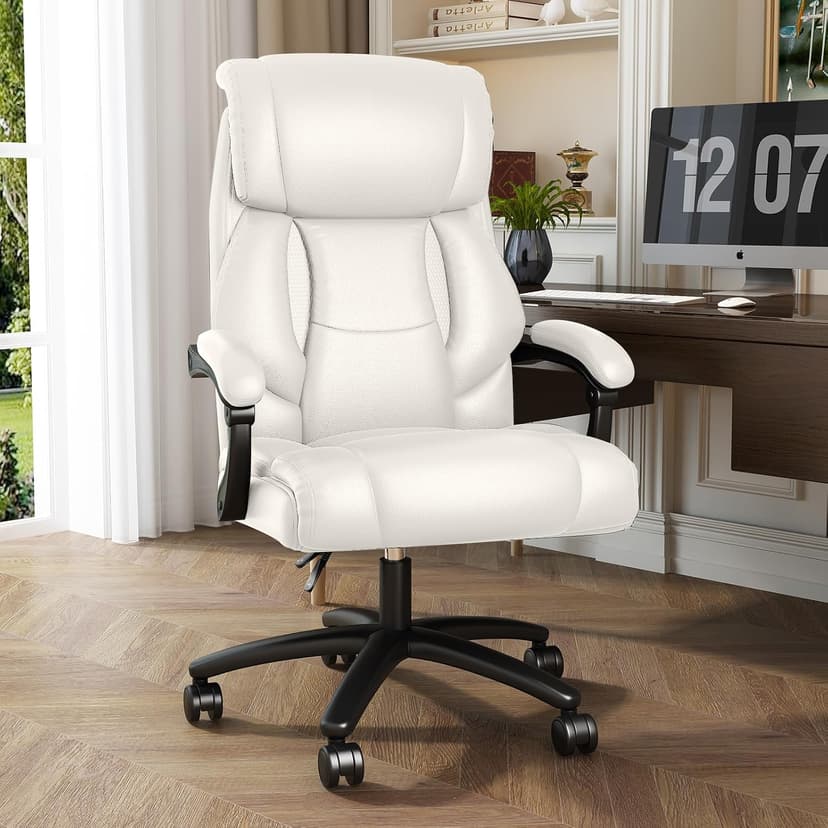 Ollega Reclining Office Chair, Executive Big and Tall Office Chair with Wide Seat, Recliner Leather High Back Computer Desk Chairs (White)