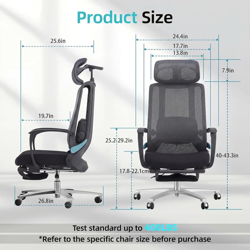 Ergonomic Office Chair with Footrest & Adjustable Lumbar Massager, High Back,Big and Tall,Desk Chair with 5D Headrest, Reclining Swivel Rolling Mesh Chair for Home Office, 400LBS (Black)