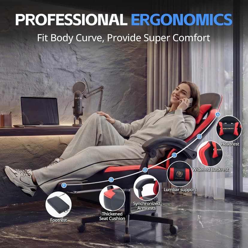 Desk Computer Gaming Chair - High Back Ergonomic Office Chair with Footrest and Lumbar Support, Swivel Comfy Home Gamer Video Game Chairs with Pocket Spring Cushion for Adults (Red Leather)