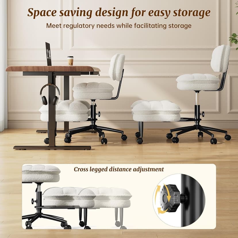 DurayLoly Ergonomic Cross Legged Chair 360° Swivel Meditation Chair with Wheels, Height Adjustable Seat for ADHD, Strong Lumbar Support,Home Office Furniture, Teddy Fabric,White