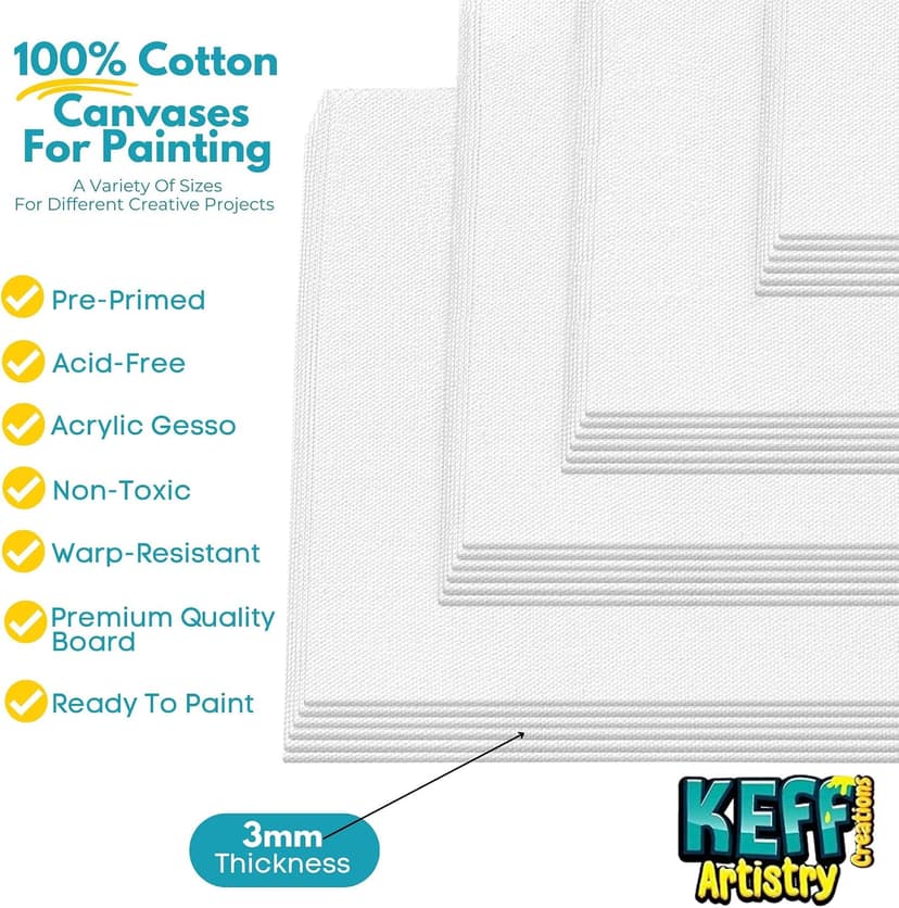 KEFF 24-Pack 𝗣𝗥𝗘𝗠𝗜𝗨𝗠 Canvas for Painting, 6 of 5x7, 8x10, 9x12,11x14 Painting Canvas Boards, Art Supplies for Adults & Kids - 100% Cotton Primed Canvases for Painting Acrylic, Oil, Watercolor B085F4JH1H
