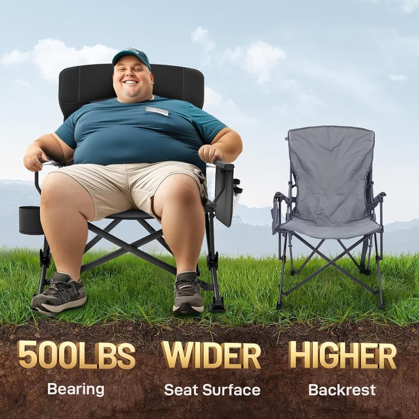 EVER ADVANCED Oversized Folding Camping Chair for Adults with Adjustable Lumbar Support, Heavy Duty Chair with Side Pockets, Portable Collapsible Quad Chair for Outside