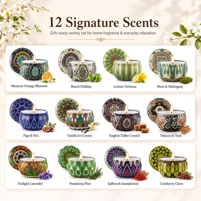 12 Scents, Up to 300-Hour Total Burn, Gift Box Included, Home Fragrance, Birthday, Hostess & Housewarming Gifts Scented Candles Gift Set, 12 Pack Travel Tin Candle Set, Gifts for Women B08T1XYNG9