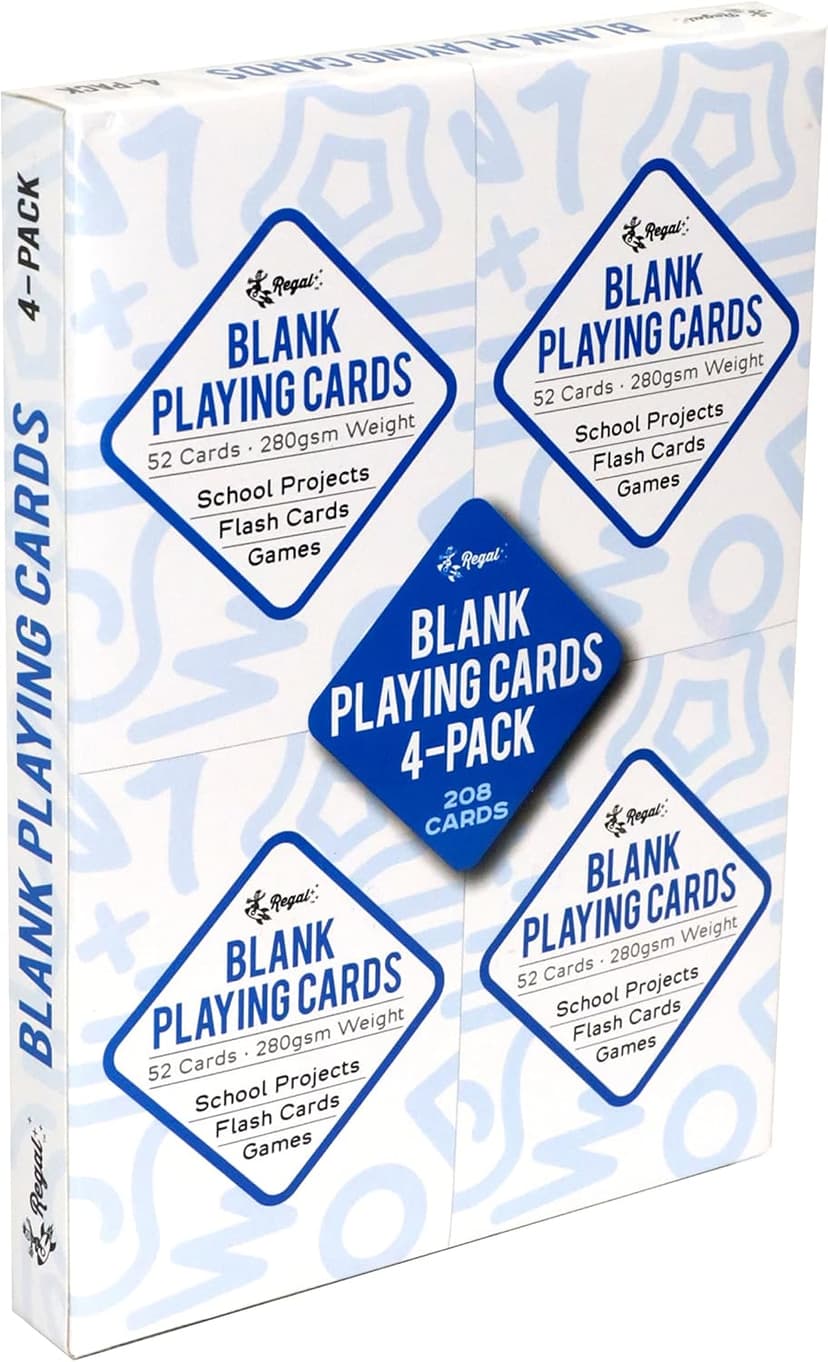 Regal Games 208 Blank Playing Cards to Write On - Custom Blank Deck of Cards - (2.5" x 3.5") Cardstock White Poker Size - 4 Packs x 52 Cards