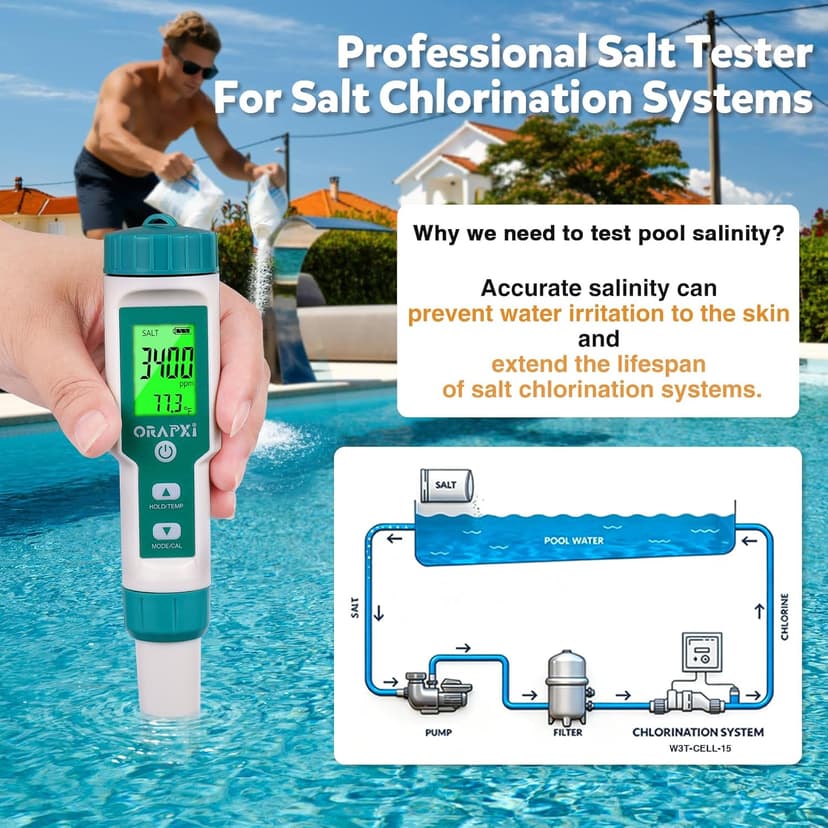 Pool Salt Tester ORAPXI pH and Salt Meter for Saltwater Pool pH and Salinity Digital Tester 5 in 1 Salt Meter for Swimming Pools Hot Tubs and Swim Spas