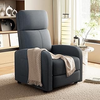 GarveeHome Linen Fabric Manual Recliner Chair, with Side Pocket, High Backrest, Thick Cushion, Adjustable Push Back Recliner,Cozy Lounge Chair for Living Room, Home Theater, Bedroom, Dark Gray