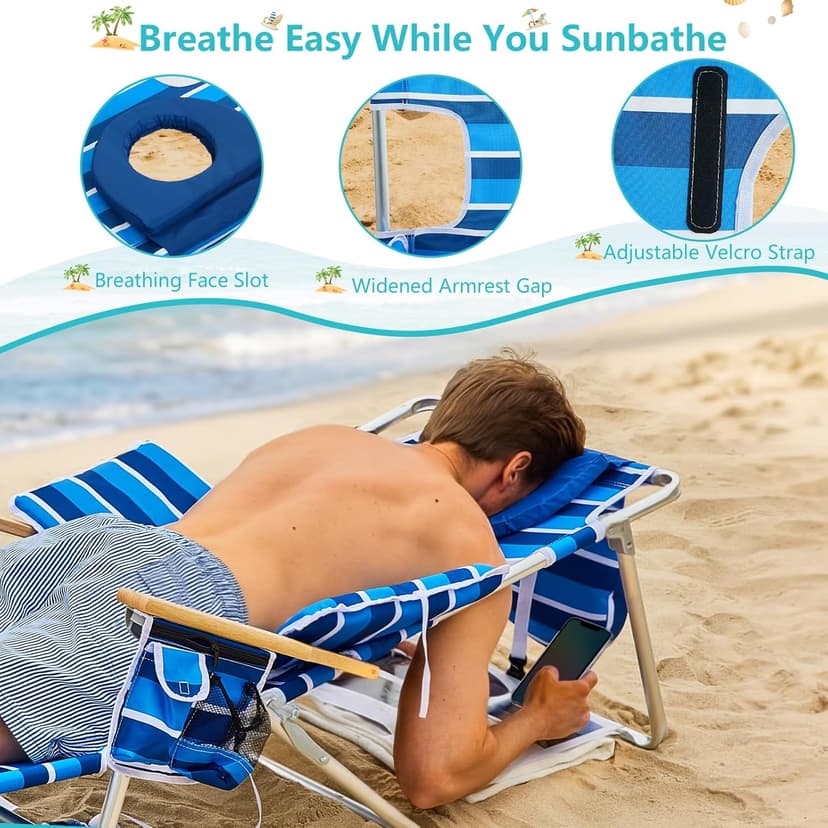Oversized Beach Chair for Adults,5 Position Adjustable Tanning Chair with Sun Canopy,Folding Reclining Lounge Chir with Face Holes,Backpack Portable for Patio Pool Camping (Blue-White,Medium)