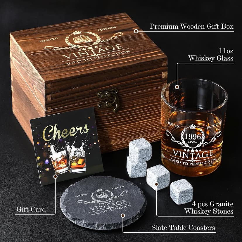 30th Birthday Gifts for Men Whiskey Glass Set - 30th Birthday Decorations, Party Supplies - 30 Year Anniversary, Bday Gifts Ideas for Him, Dad, Husband, Friends - Wood Box & Whiskey Stones & Coaster B0BJCWJDC4