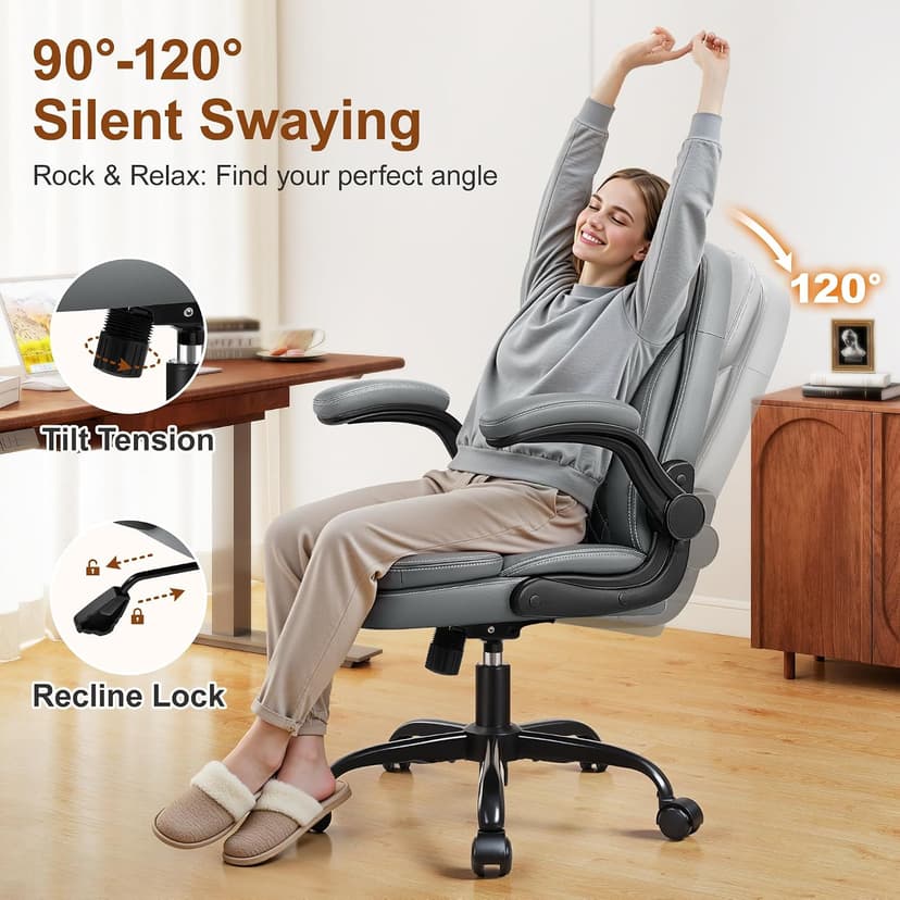 Leather Office Chair, Upgraded PU Computer Desk Chairs with Double-Layer Seat Cushion and Neckrest, 360°Swivel, Ergonomic Small Gaming Chair with Wheels and Adjustable Armrests for Short People, Grey