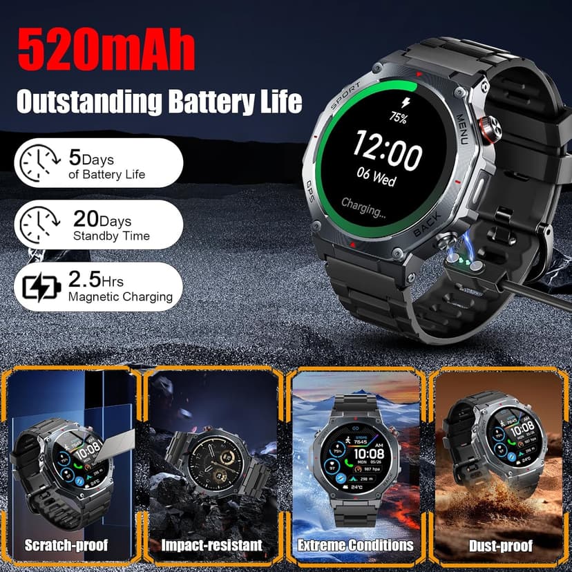 Military Smart Watch for Men Built-in GPS with LED Flashlight Compass, 1.43" AMOLED Display 5ATM Waterproof Fitness Tracker with Heart Rate/Sleep/Blood Pressure, Watches for Android/iPhone, Black
