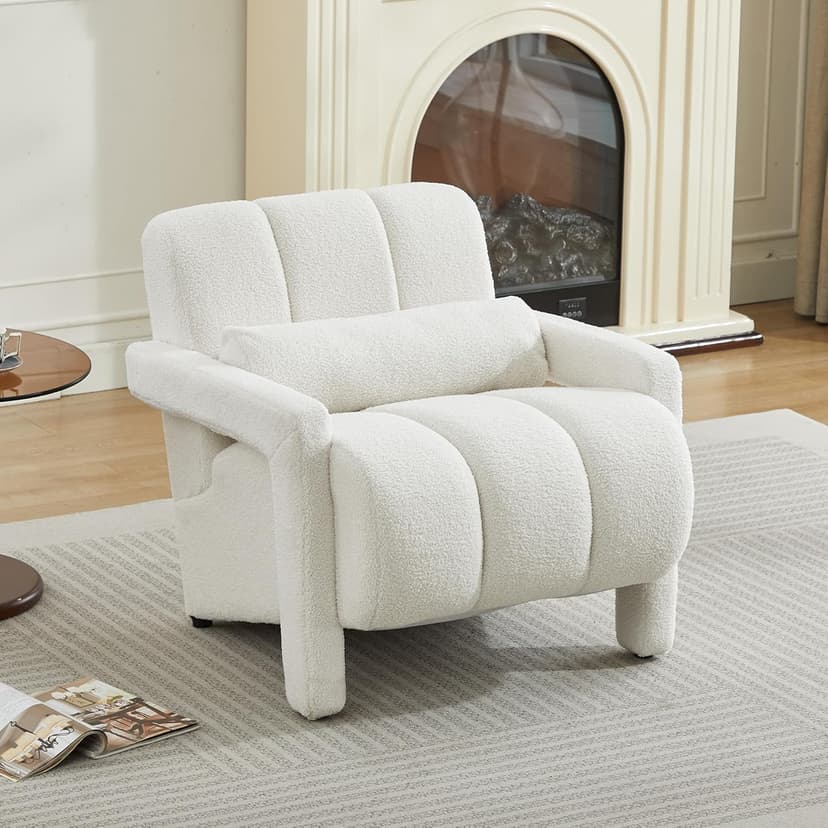 LOULENS Lambswool Accent Chair, Modern Upholstered Sherpa Accent Chair, Comfy Teddy Single Armchair with Pillow for Living Room, Bedroom (Beige, Backrest Under The Cushion)
