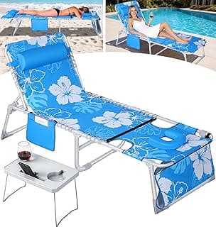 KingSom Sun Tanning Chair with Face Hole,Beach Lounge Chair with Folding Side Table,6-Position Recliner Chaise Lounge Chair,Pool Lounge Chair Outdoor Lay Flat with Pillow & Pocket,Max 350lbs-White