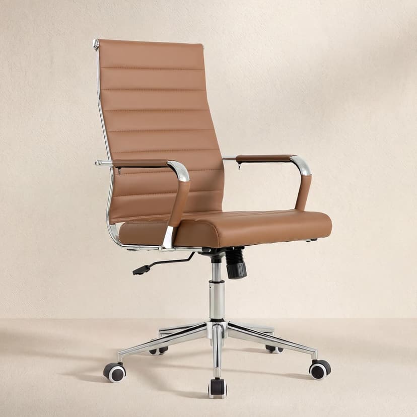 Okeysen Office Desk Chair, Ergonomic Leather Modern Conference Room Chairs, Executive Ribbed Height Adjustable Swivel Rolling Chair for Home Office. (Brown)