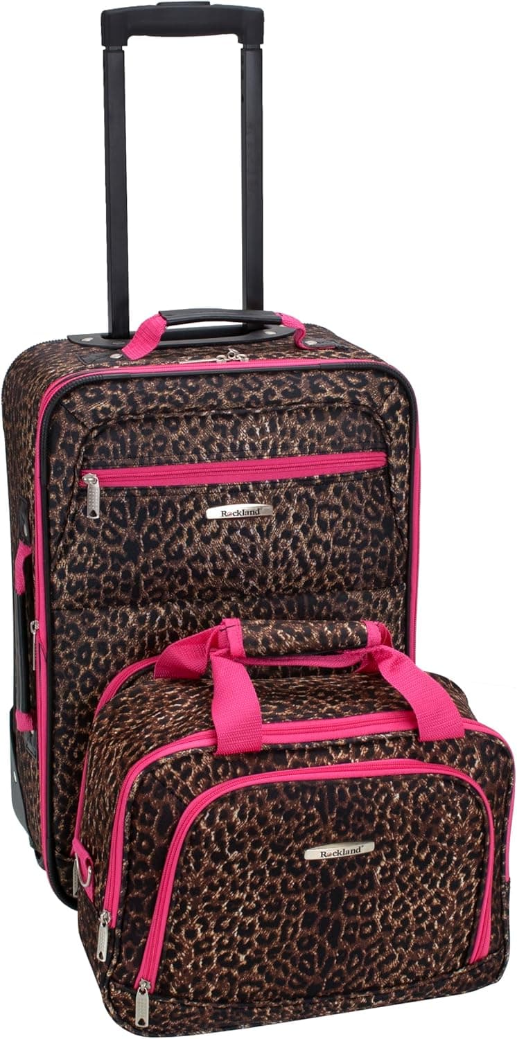 Rockland Fashion Softside Upright Luggage Set, Expandable,Lightweight,Telescopic Handle,Wheel, Pink Leopard, 2-Piece (14/19)