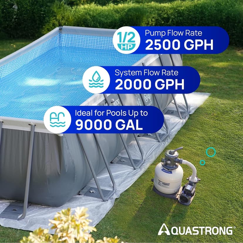 AQUASTRONG Sand Filter Pump for Above Ground Pool, Pool Pumps Above Ground,Pool Sand Filter with 6-Way Valve,Improved Circulation and Filtration, 12in, 1/2HP 2500 GPH with Timer