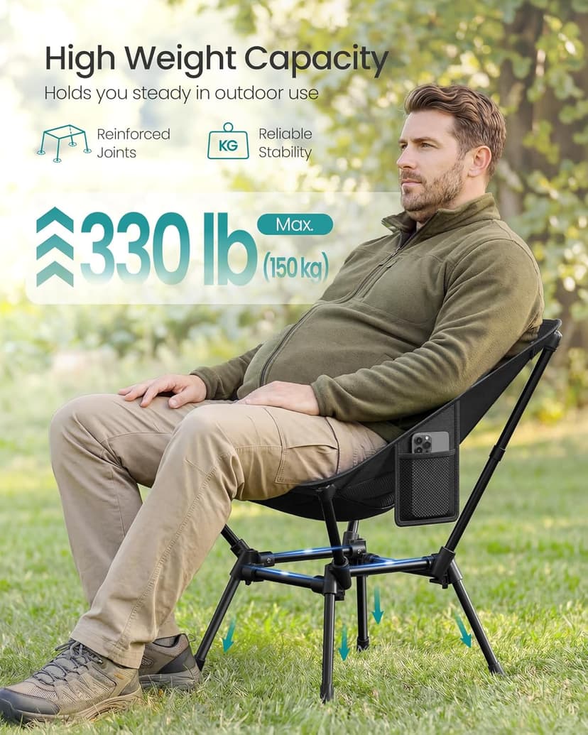 SONGMICS Camping Chair, Lightweight Folding Beach Chair, Adjustable Height, Steel Frame, Portable for Outdoor Travel