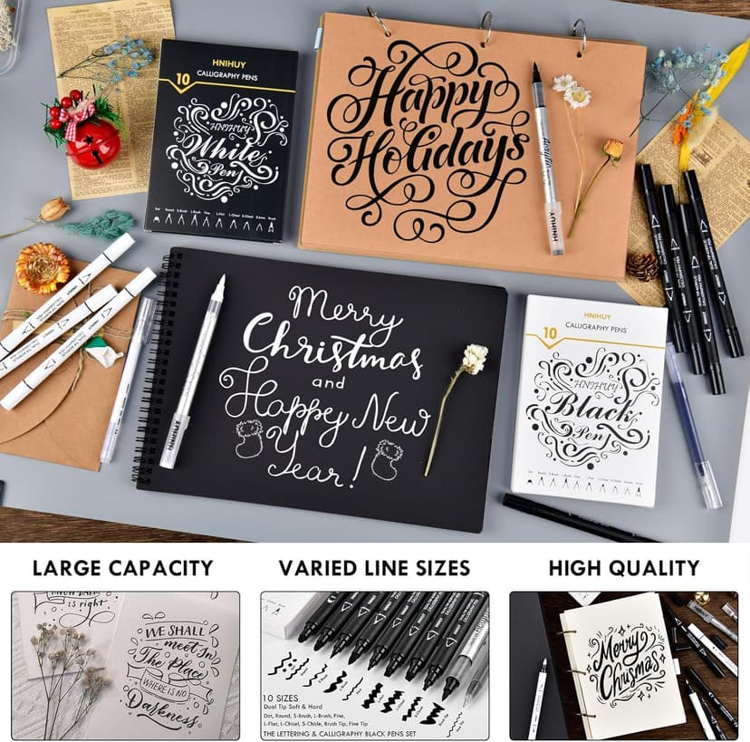 Dual Tip Black Acrylic Calligraphy Pens, 10 Size Calligraphy markes for Writing, Hand Lettering Pen for Art Drawing, Sketching, Scrapbooking, Brush Pens Calligraphy Set for Beginners