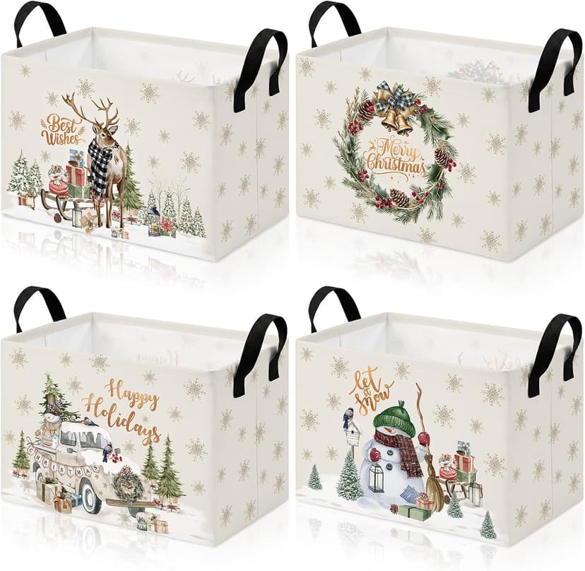 4 Pcs Christmas Storage Basket for Gifts Empty Large Christmas Storage Bins 15 x 10 x 8 Fabric Laundry Baskets with Handle Xmas Collapsible Organizer Boxes for Home Office Gifts Toys Books B0H4M5V4NG
