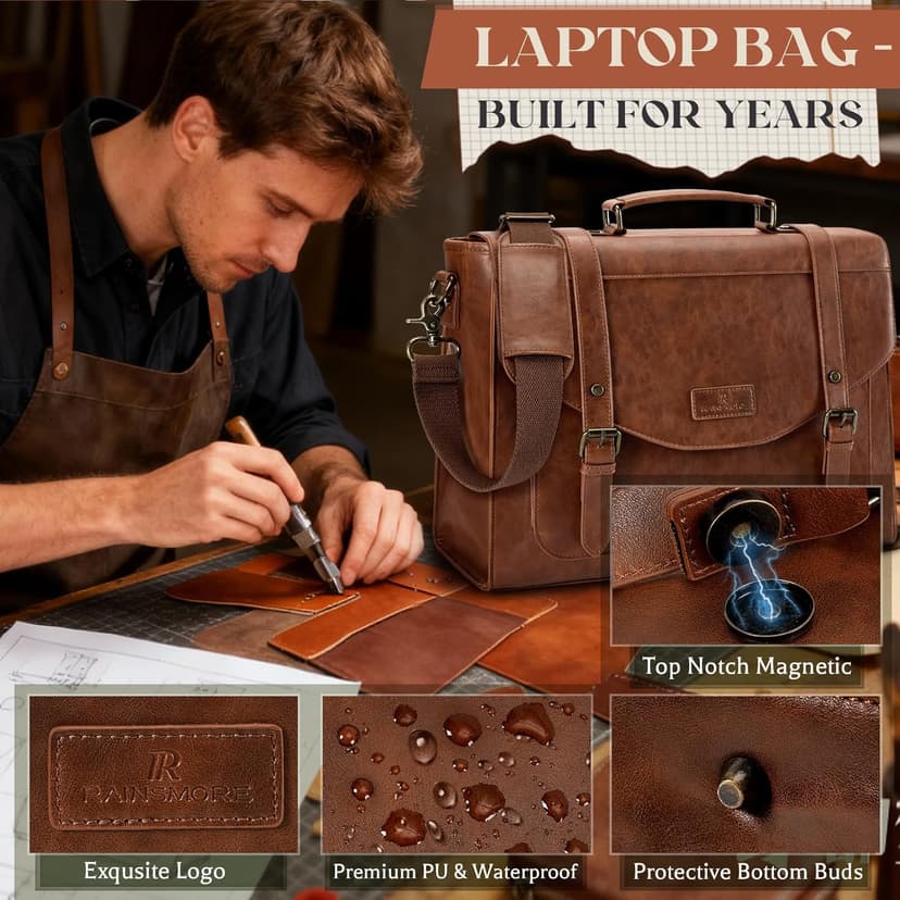 RAINSMORE Flap Messenger Bag for Men Vintage PU Leather Laptop Bag 15.6 Inch Retro Briefcase with Wallet Satchel Computer Bag
