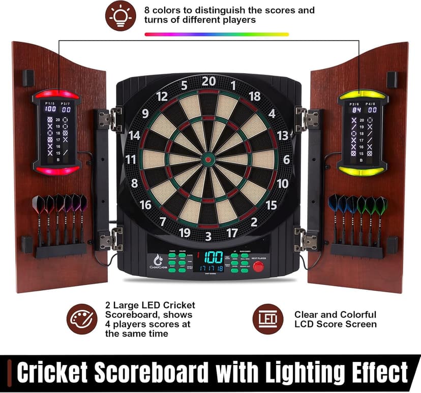 Electronic Dart Board with Wooden Door, Electric Dartboard with Heckler & Light Effects, Digital Soft Tip Dartboards for Game Room Man Cave Bar, 12 Darts, 100 Soft Tips