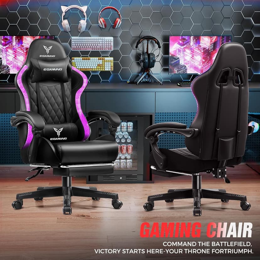 EXRACING Gaming Chair with Footrest Ergonomic High-Back PU Leather Computer Chair with RGB LED Lights Linkage Armrests Lumbar Support and Headrest 150°Reclining Diamond Quilted Office Chair for Adults
