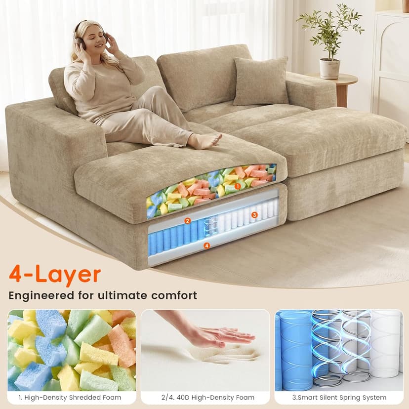 80.7" Oversized Double Chaise Lounge Chair Indoor, Cloud Boneless Sleeper Sofa Bed with 4 Pillows, Extra Deep Seat Cozy Loveseat Couch for Living Room Bedroom, No Assembly Required (Khaki)