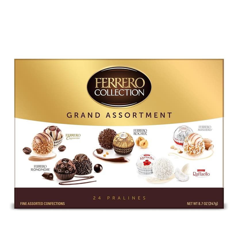 Ferrero Collection Grand Assortment, Hazelnut, Dark, Coconut, Almond, Cappuccino, Holiday Gift Box, 24 Count, 8.7 oz