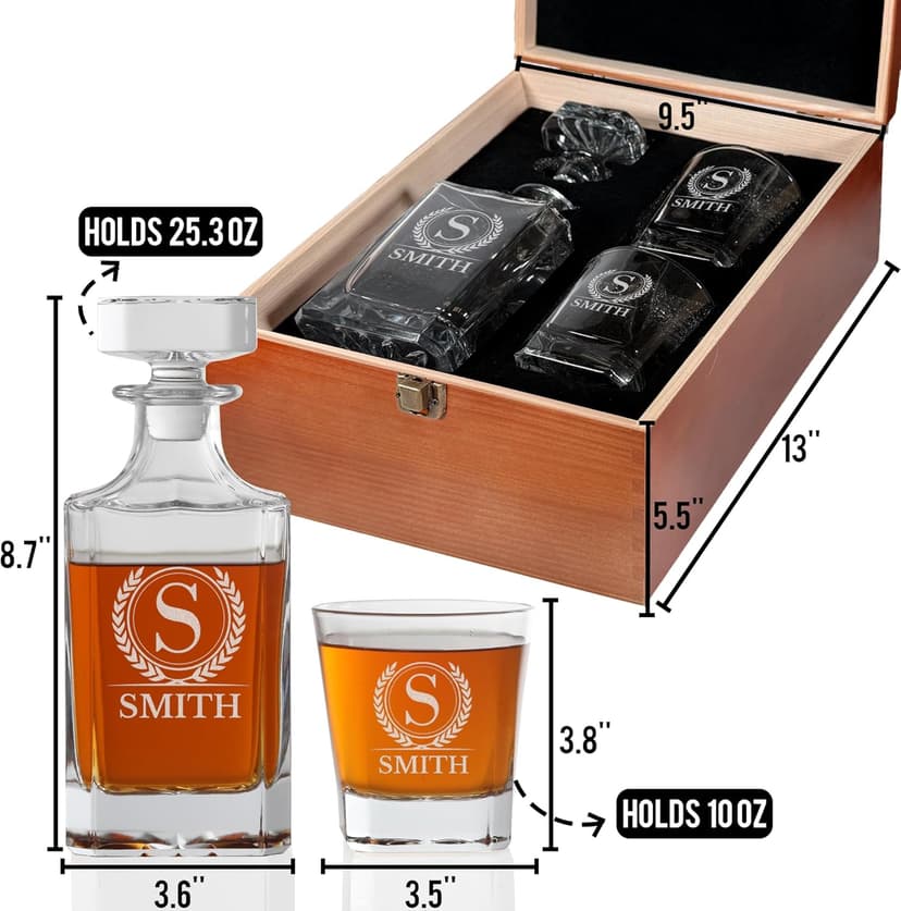 Personalized Whiskey Decanter, Custom Liquor Decanter 25oz, Engraved Whiskey Glass Set With Wood Gift Box Options, Whiskey Gifts for Men, Dad, Birthday, Retirement, Wedding (Square Decanter)